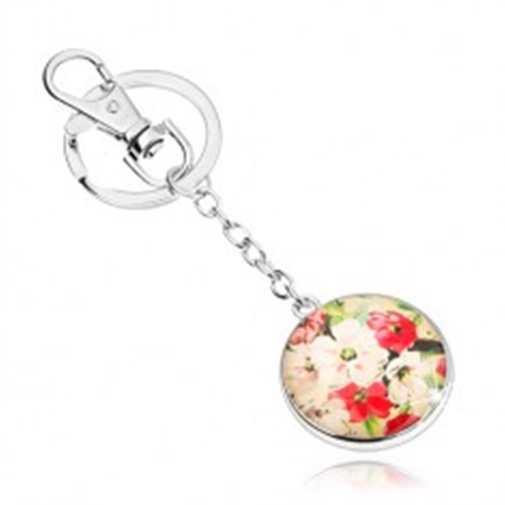 Šperky eshop Prívesok na kľúče v štýle kabošon, vypuklé sklo, biele a červené kvety