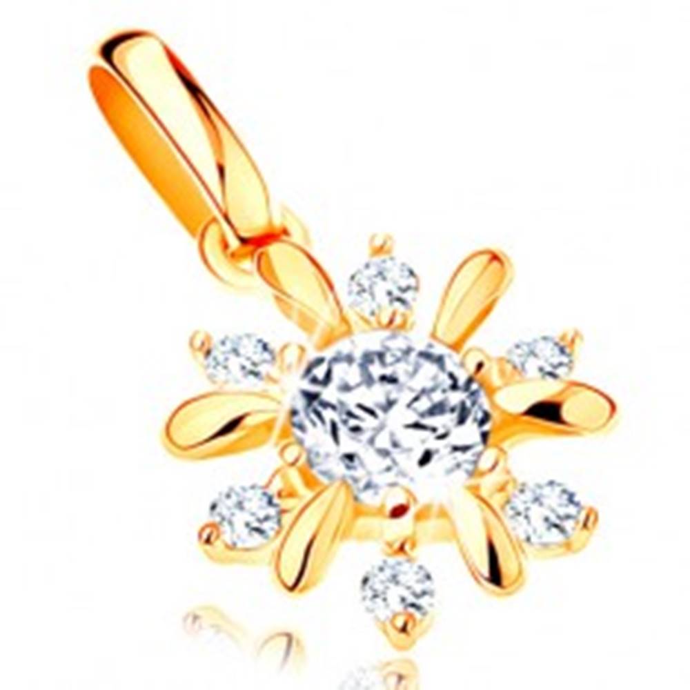 Šperky eshop Prívesok v žltom 14K zlate - žiarivý kvietok, hladké a zirkónové lupene