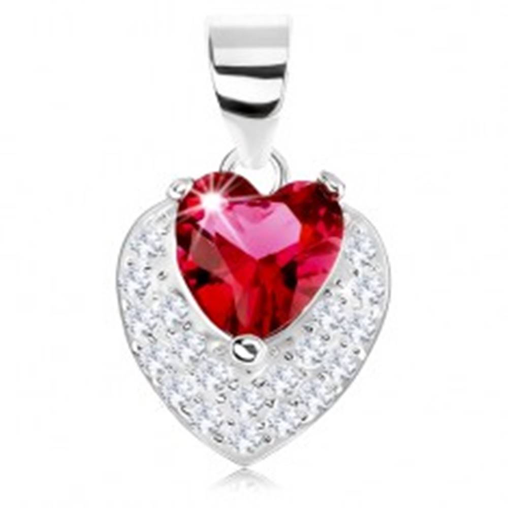 Šperky eshop Prívesok zo striebra 925, trblietavé vypuklé srdiečko, červený srdcový zirkón