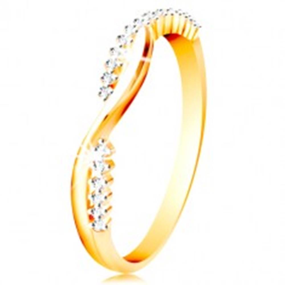 Šperky eshop Prsteň v 14K zlate - dve úzke prepletené vlnky - hladká a zirkónová - Veľkosť: 49 mm