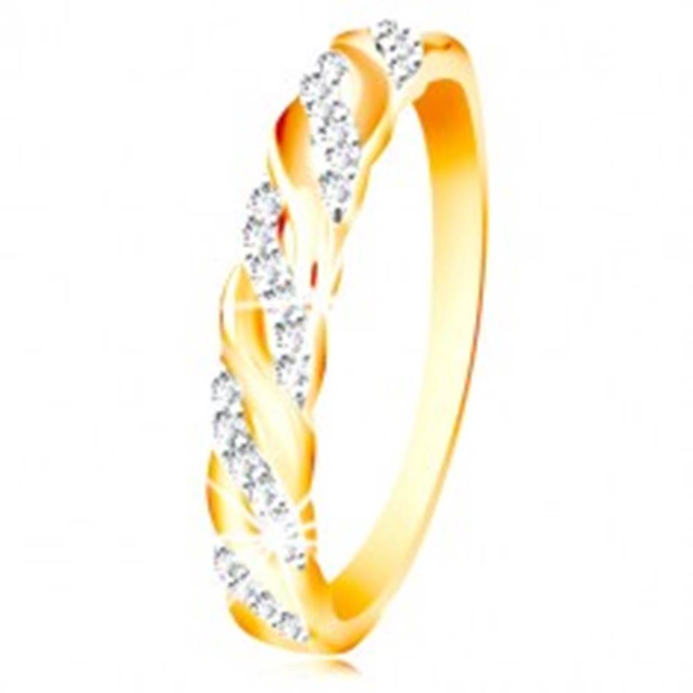 Šperky eshop Prsteň v kombinovanom zlate 585 - zirkónové a hladké vlnky - Veľkosť: 49 mm