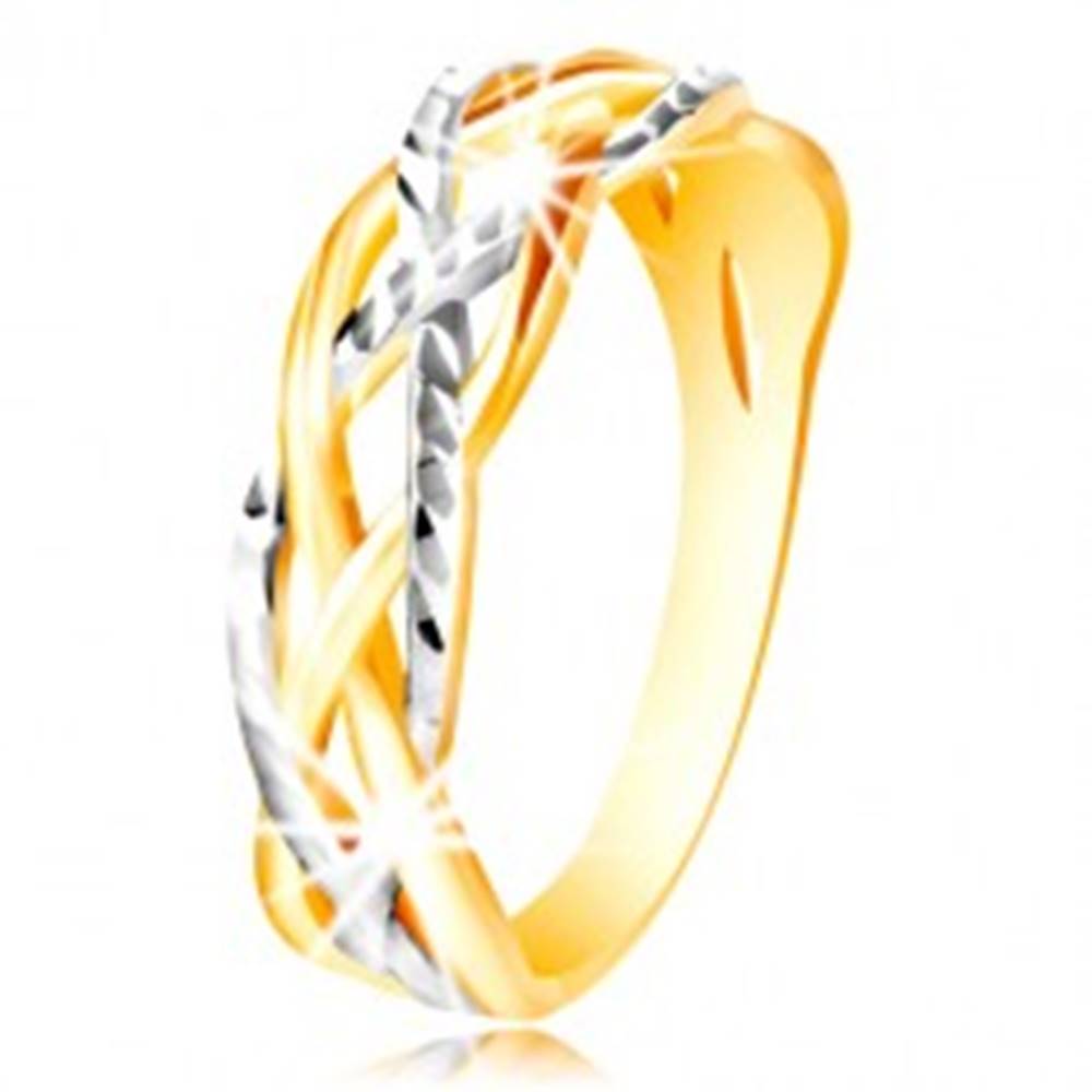 Šperky eshop Prsteň zo 14K zlata - dvojfarebné, zvlnené a prepletené línie, zárezy - Veľkosť: 48 mm