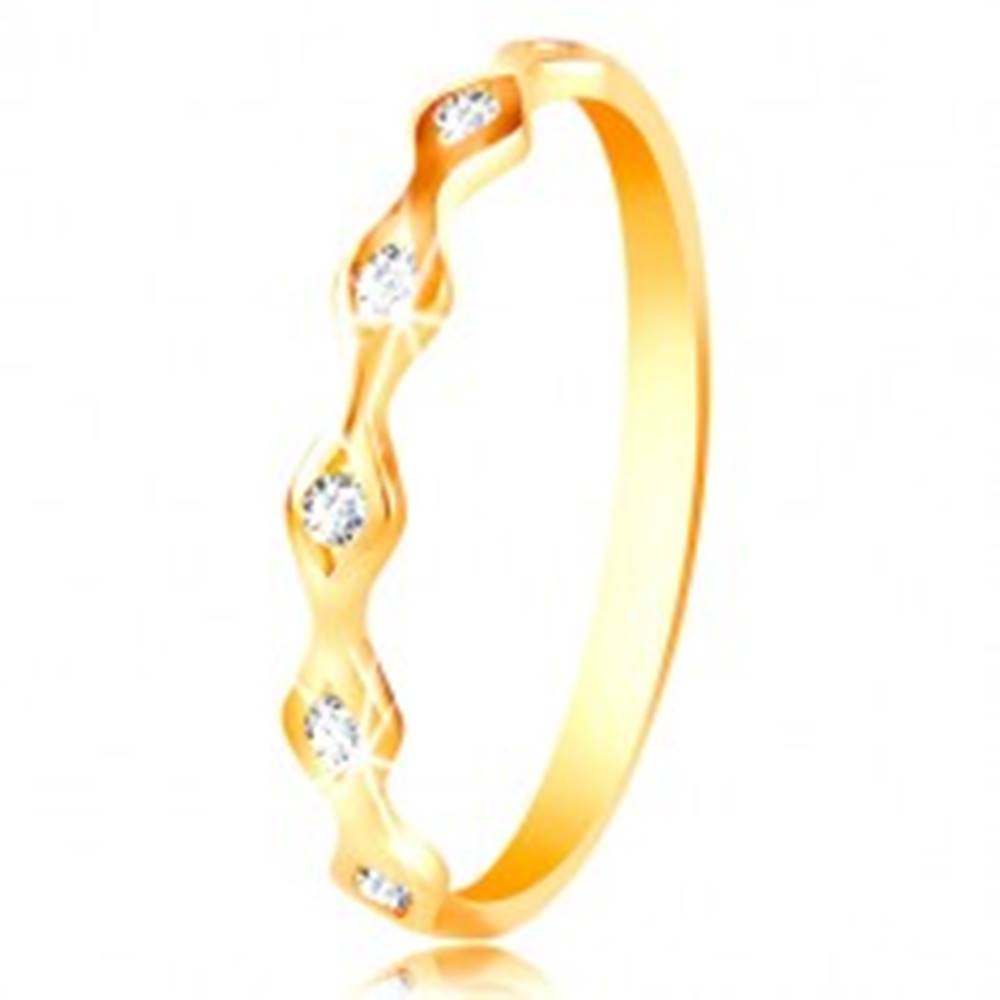 Šperky eshop Prsteň zo žltého 14K zlata - lesklé zrnká so vsadenými zirkónmi čírej farby - Veľkosť: 49 mm