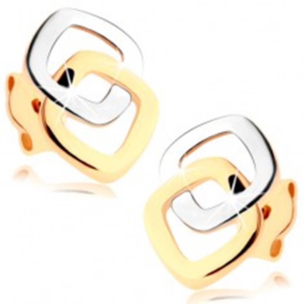 Šperky eshop Puzetové náušnice v 9K zlate - dvojfarebné zaoblené kontúry štvorcov