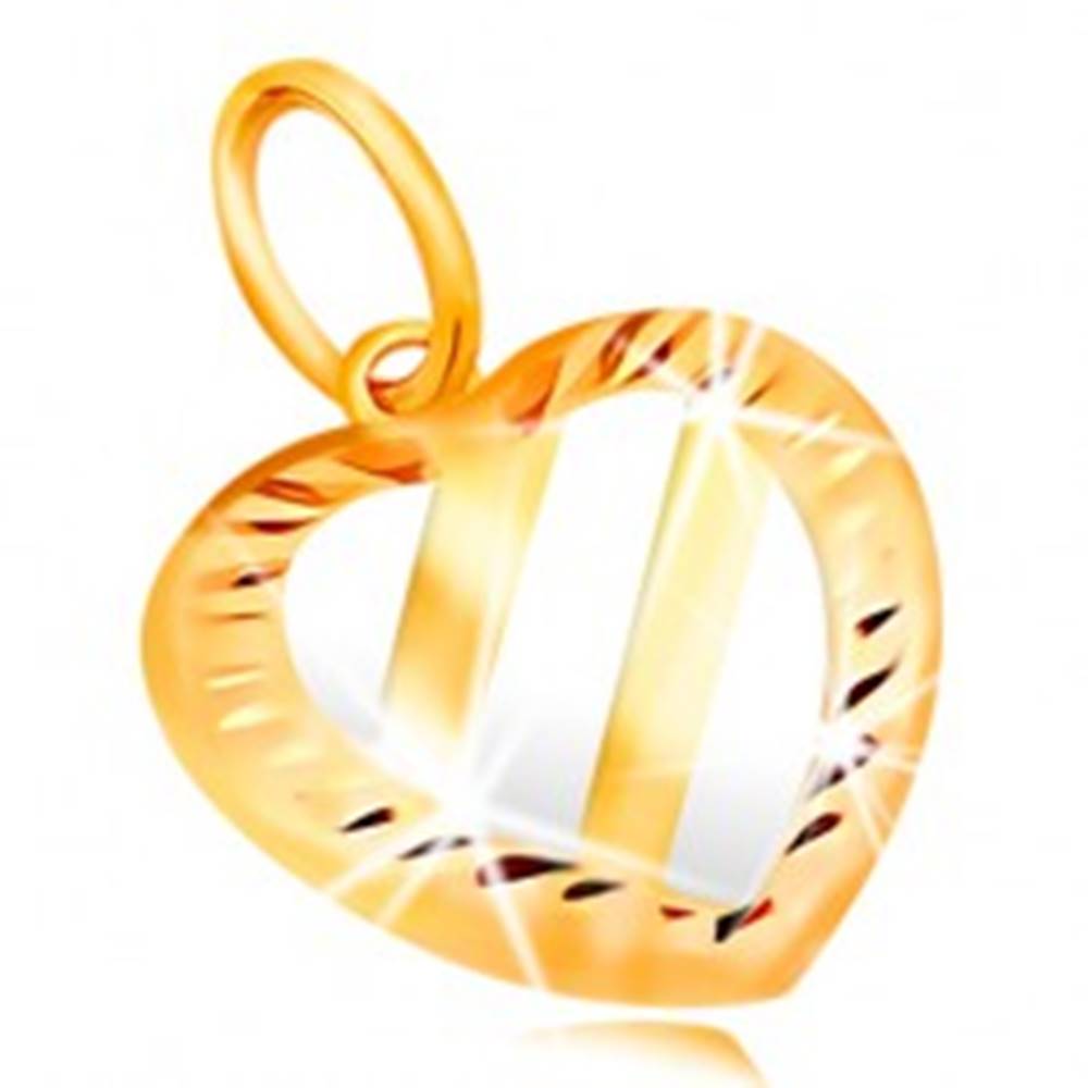 Šperky eshop Zlatý prívesok 14K - srdce s tromi šikmými pásmi z bieleho zlata, zárezy