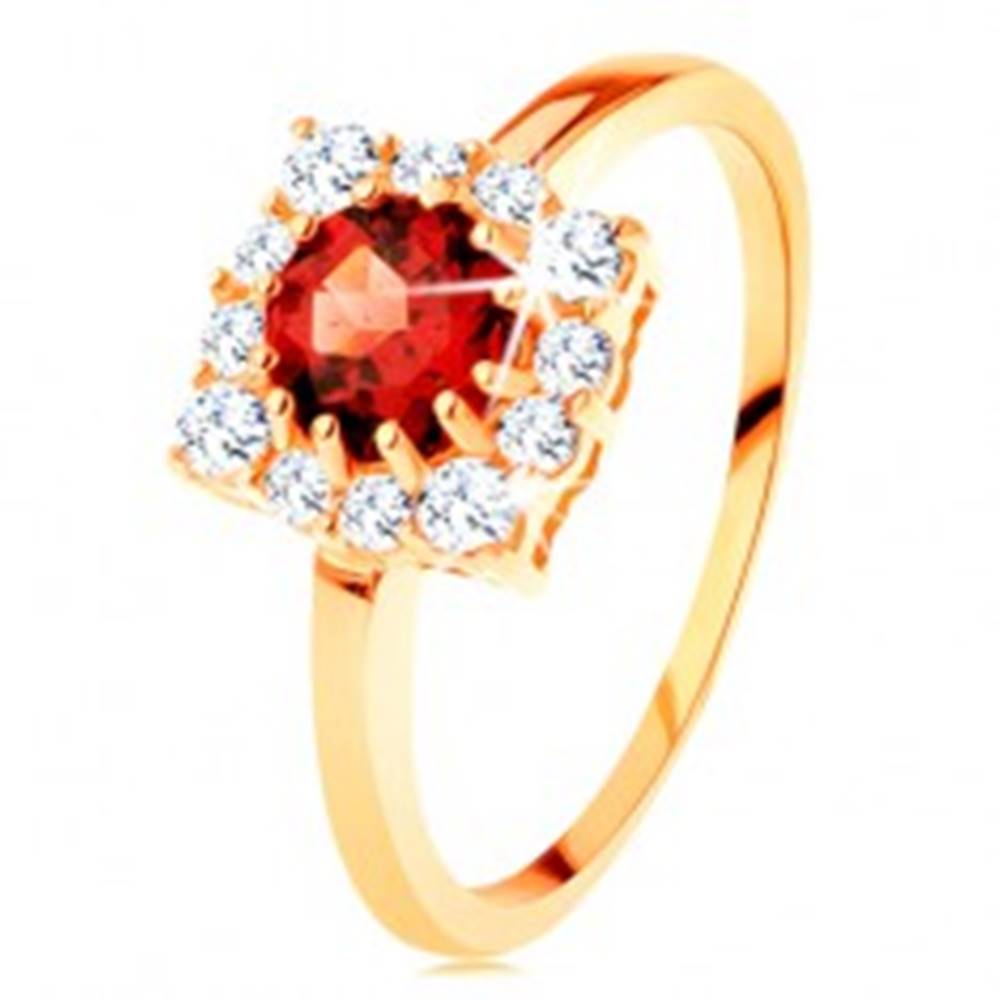 Šperky eshop Zlatý prsteň 585 - štvorcový zirkónový obrys, okrúhly červený granát - Veľkosť: 49 mm