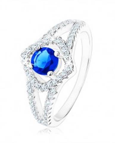 Strieborný prsteň 925, rozdvojené ramená, obrys štvorca, modrý zirkón - Veľkosť: 49 mm