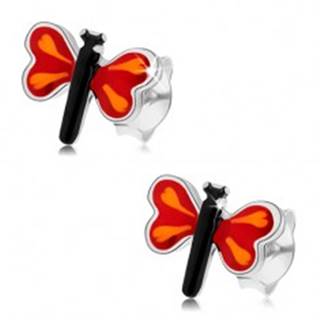 Puzetové náušnice zo striebra 925, farebný malý motýľ, červené krídla