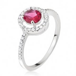 Strieborný prsteň 925 - okrúhly ružovočervený zirkón, číra obruba - Veľkosť: 54 mm