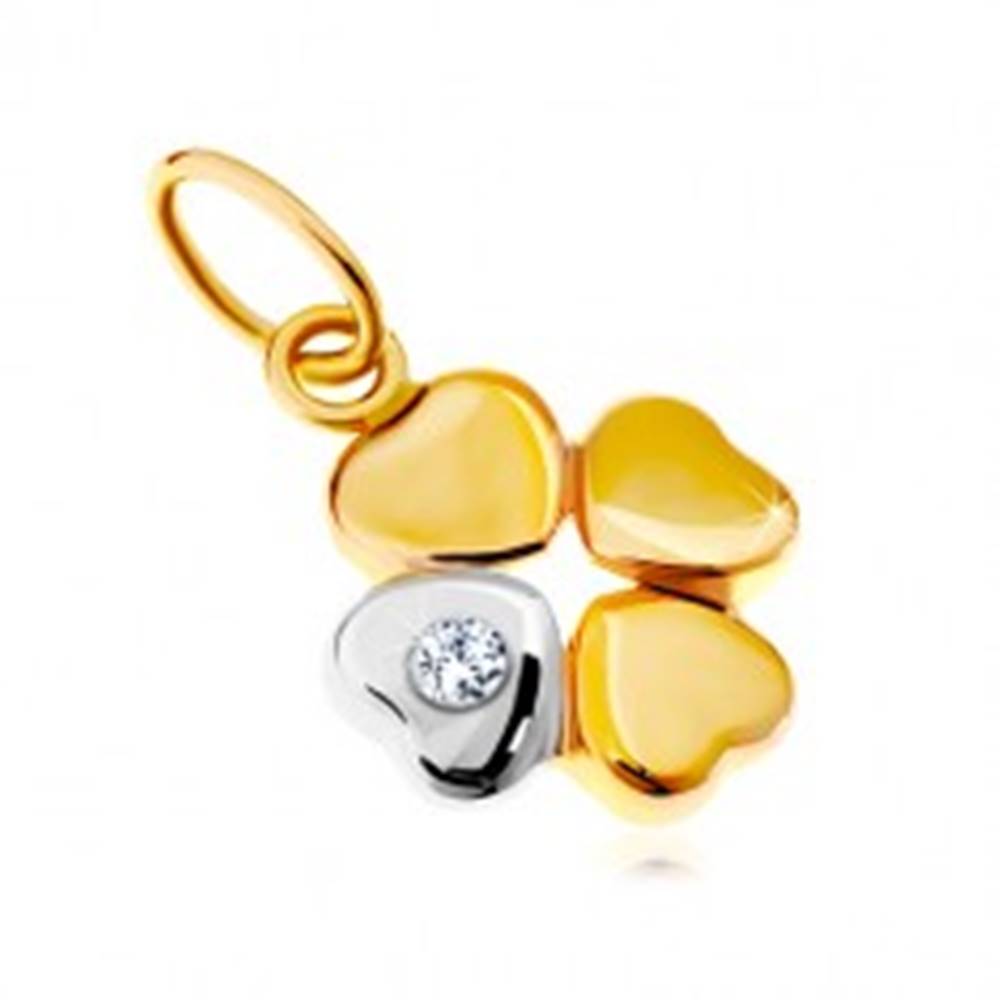Šperky eshop Prívesok v 14K zlate - dvojfarebný štvorlístok pre šťastie, číry zirkón