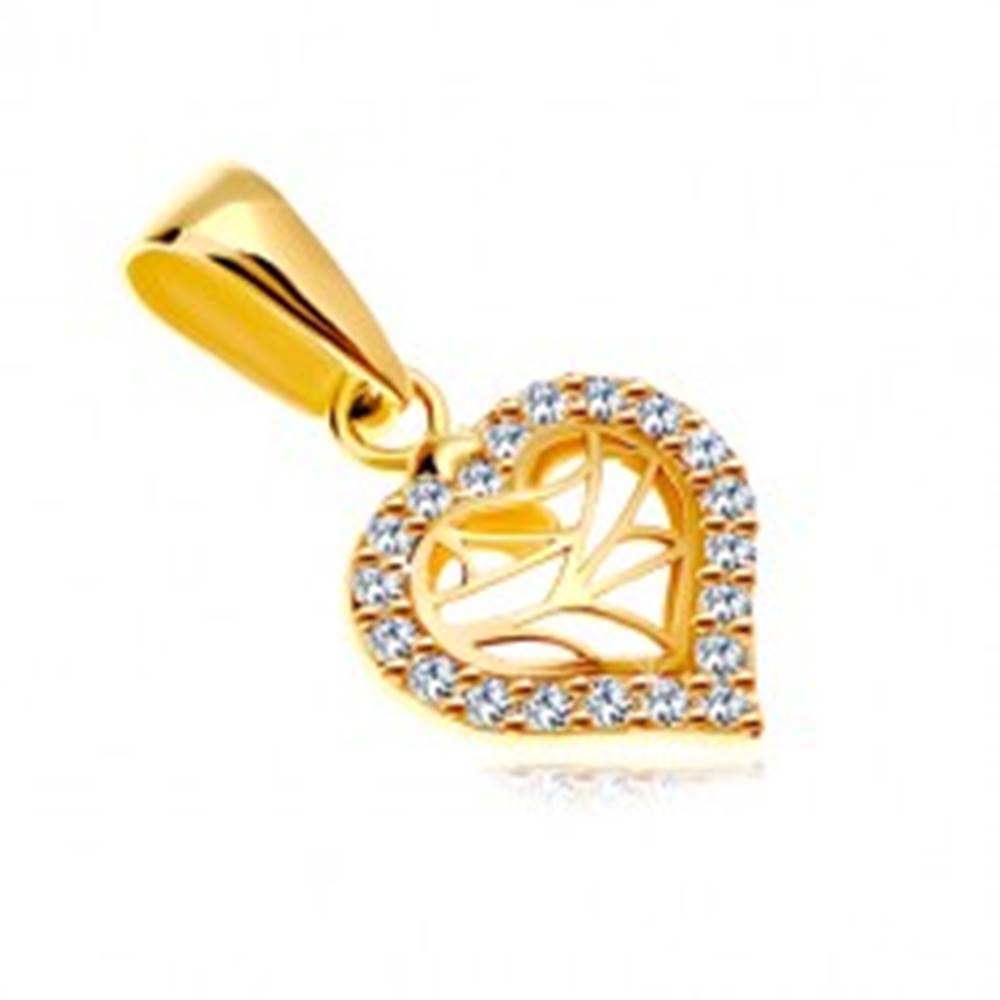 Šperky eshop Prívesok v žltom 14K zlate - srdiečko so zirkónovým obrysom a výrezmi v strede