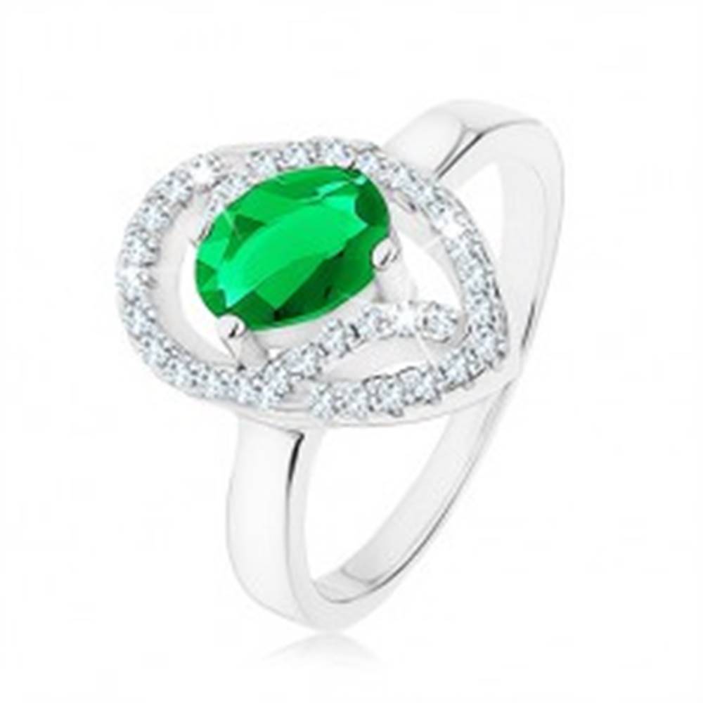 Šperky eshop Prsteň zo striebra 925, oválny zelený zirkón, asymetrická kvapka - obrys - Veľkosť: 49 mm