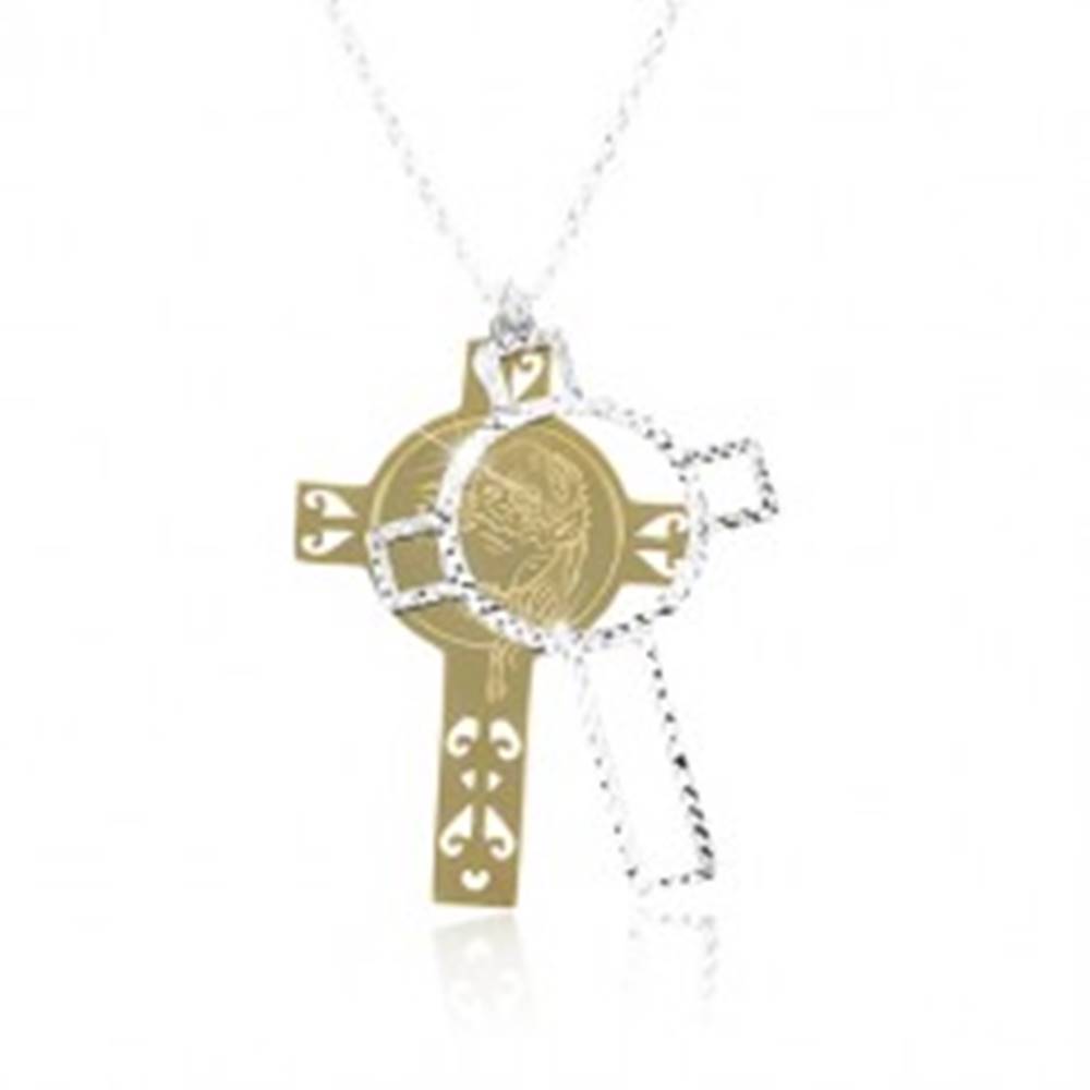 Šperky eshop Strieborný 925 náhrdelník, vyrezávaný kríž zlatej a striebornej farby