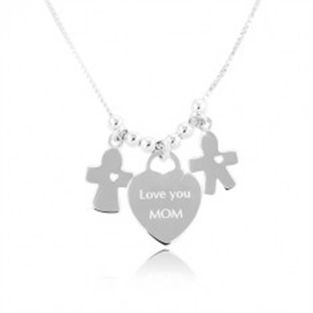 Šperky eshop Strieborný náhrdelník 925, srdce s nápisom Love you MOM, chlapček a dievčatko