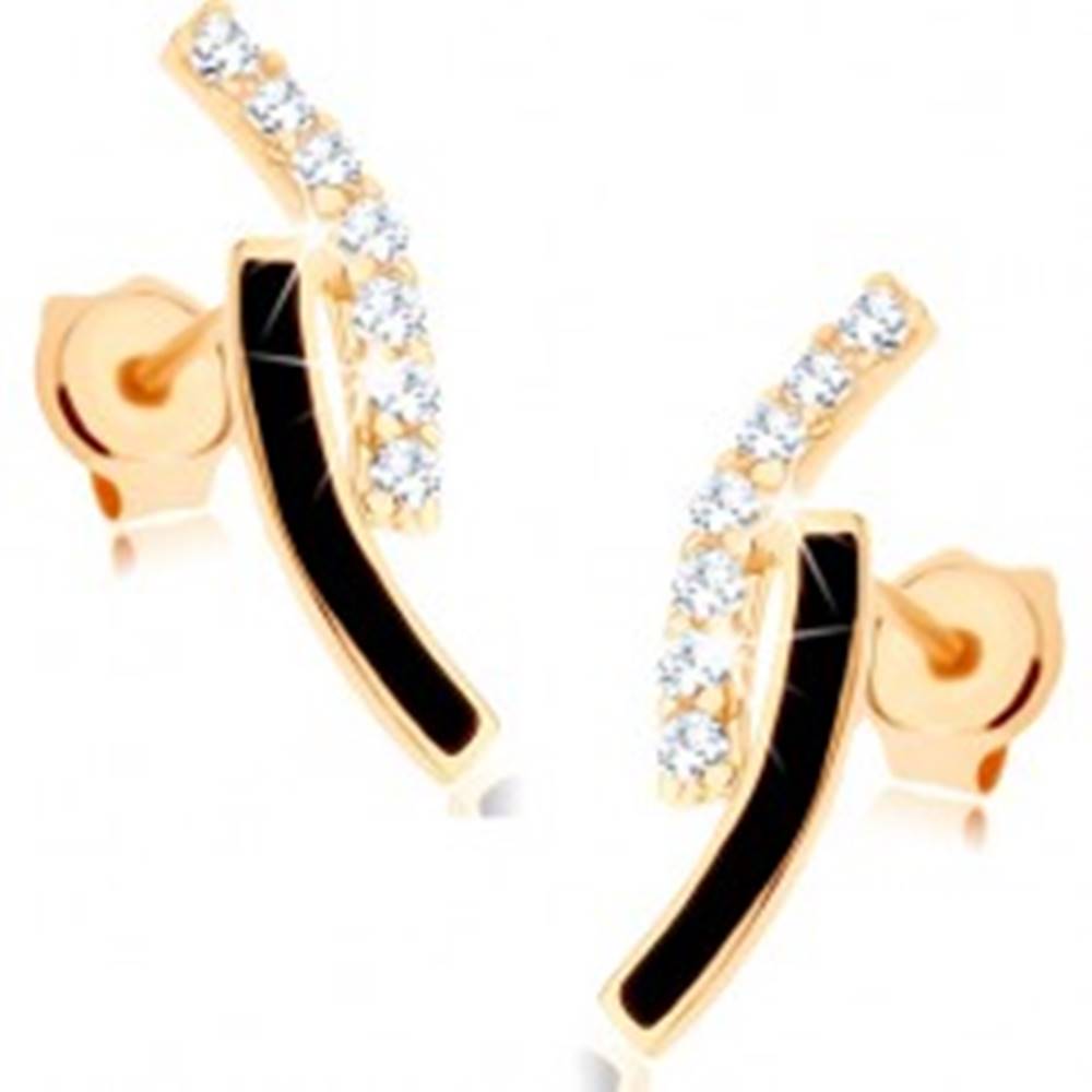 Šperky eshop Zlaté náušnice 375 - dva oblúky, línia čírych zirkónikov, čierna glazúra