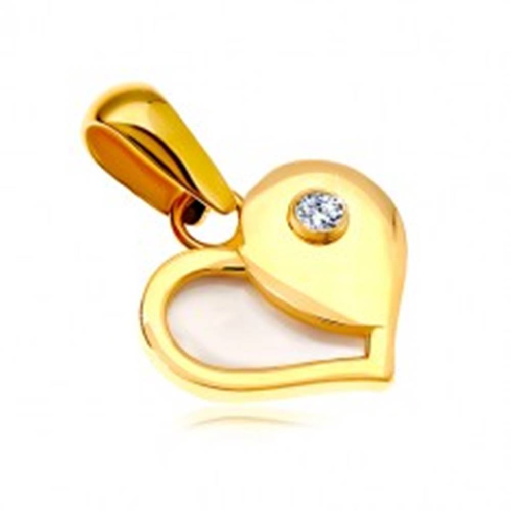 Šperky eshop Zlatý 14K prívesok - srdce s polovicou z bielej perlete a okrúhlym zirkónom