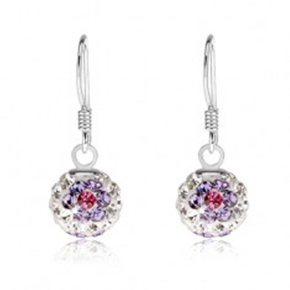 Šperky eshop Biele guličkové náušnice, striebro 925, trblietavé fialovo-ružové kvety, 8 mm