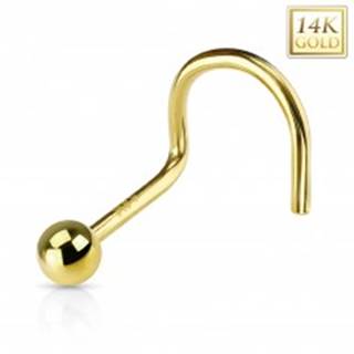 Zahnutý zlatý 14K piercing do nosa - lesklá hladká gulička, žlté zlato - Hrúbka piercingu: 0,8 mm