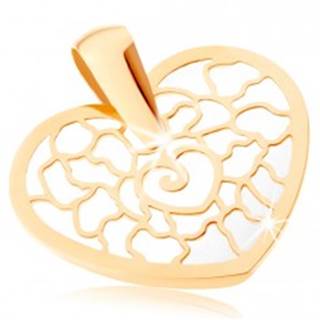 Zlatý prívesok 375 - obrys srdca s ornamentami, podklad z perlete