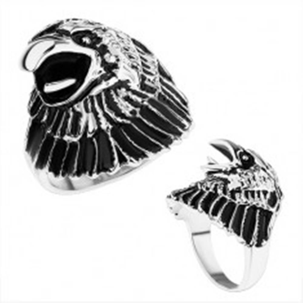 Šperky eshop Masívny prsteň z ocele 316L, hlava orla s patinou, lesklé ramená - Veľkosť: 59 mm