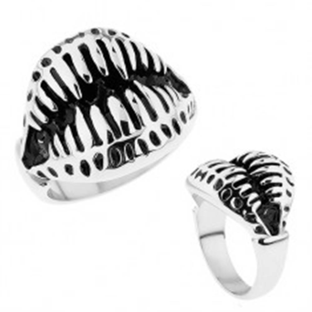 Šperky eshop Mohutný prsteň z ocele 316L, vycerené zuby, čierna patina - Veľkosť: 59 mm