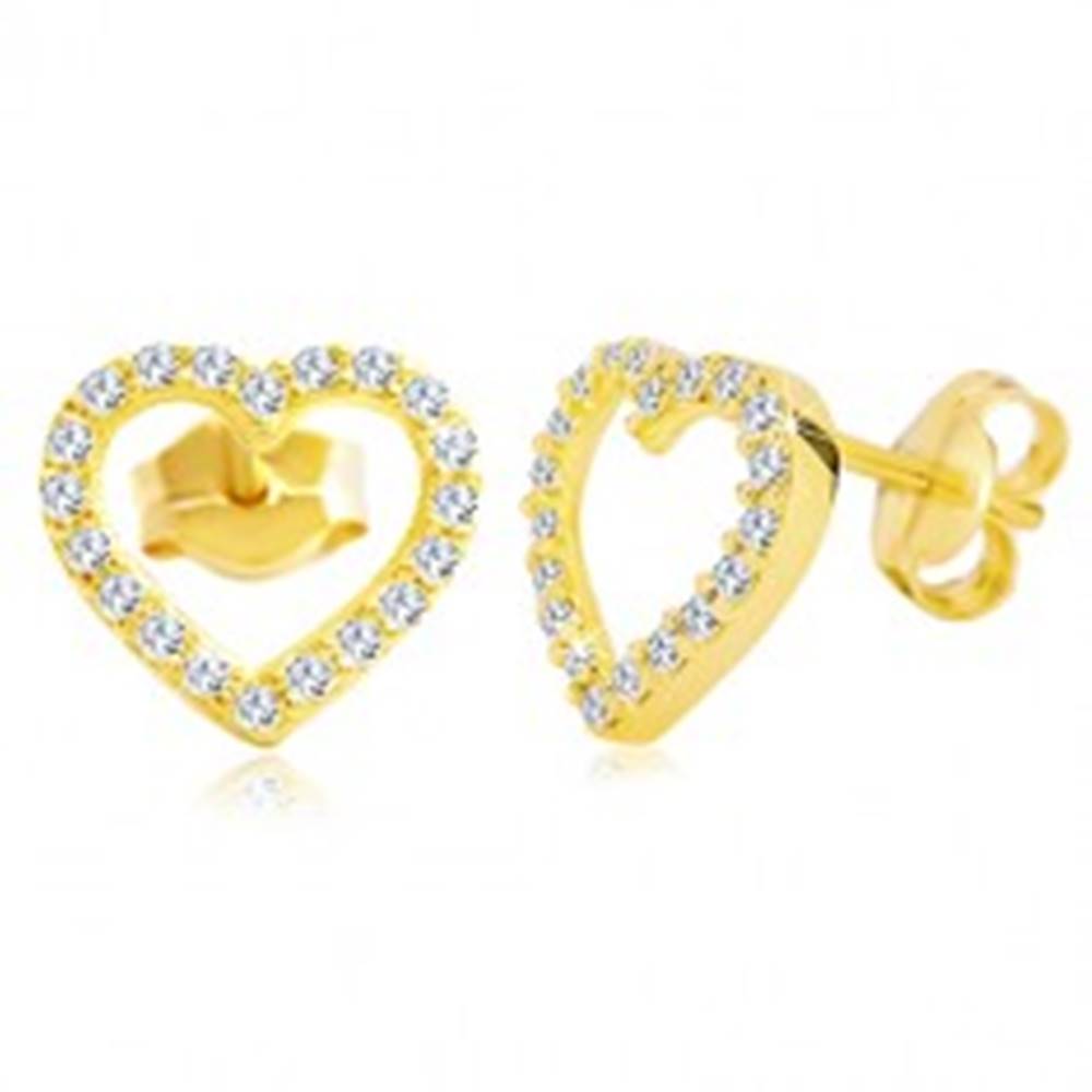 Šperky eshop Náušnice v žltom 14K zlate - obrys srdca zdobený čírymi zirkónmi