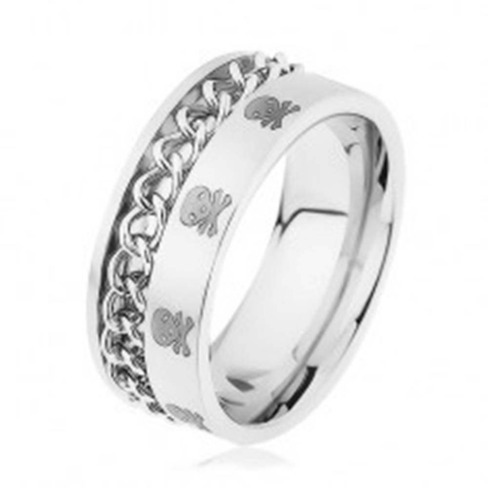 Šperky eshop Široký prsteň, oceľ 316L, retiazka, vzor - lebky a skrížené kosti - Veľkosť: 57 mm