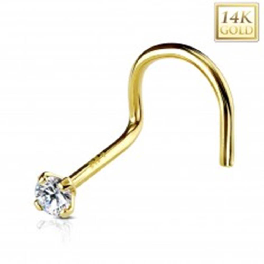 Šperky eshop Zahnutý piercing do nosa zo žltého 14K zlata, okrúhly číry zirkón, 3 mm
