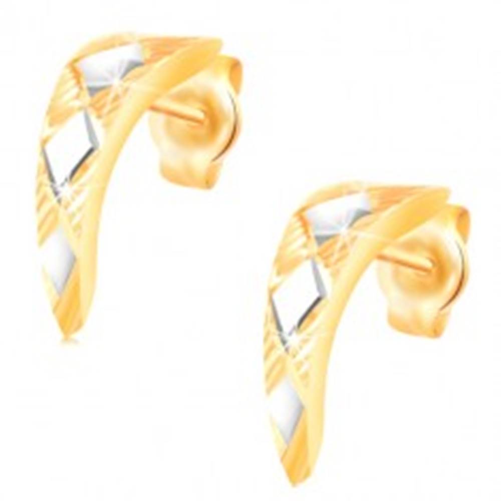Šperky eshop Zlaté 14K náušnice - lesklý zúžený oblúk s kosoštvorcami z bieleho zlata