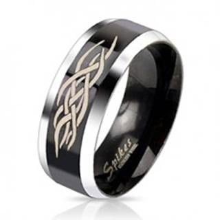 Oceľový prsteň - čierny pás s ornamentom - Veľkosť: 49 mm