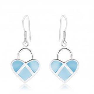 Strieborné 925 náušnice, symetrické srdce, modrá perleť, strieborné línie