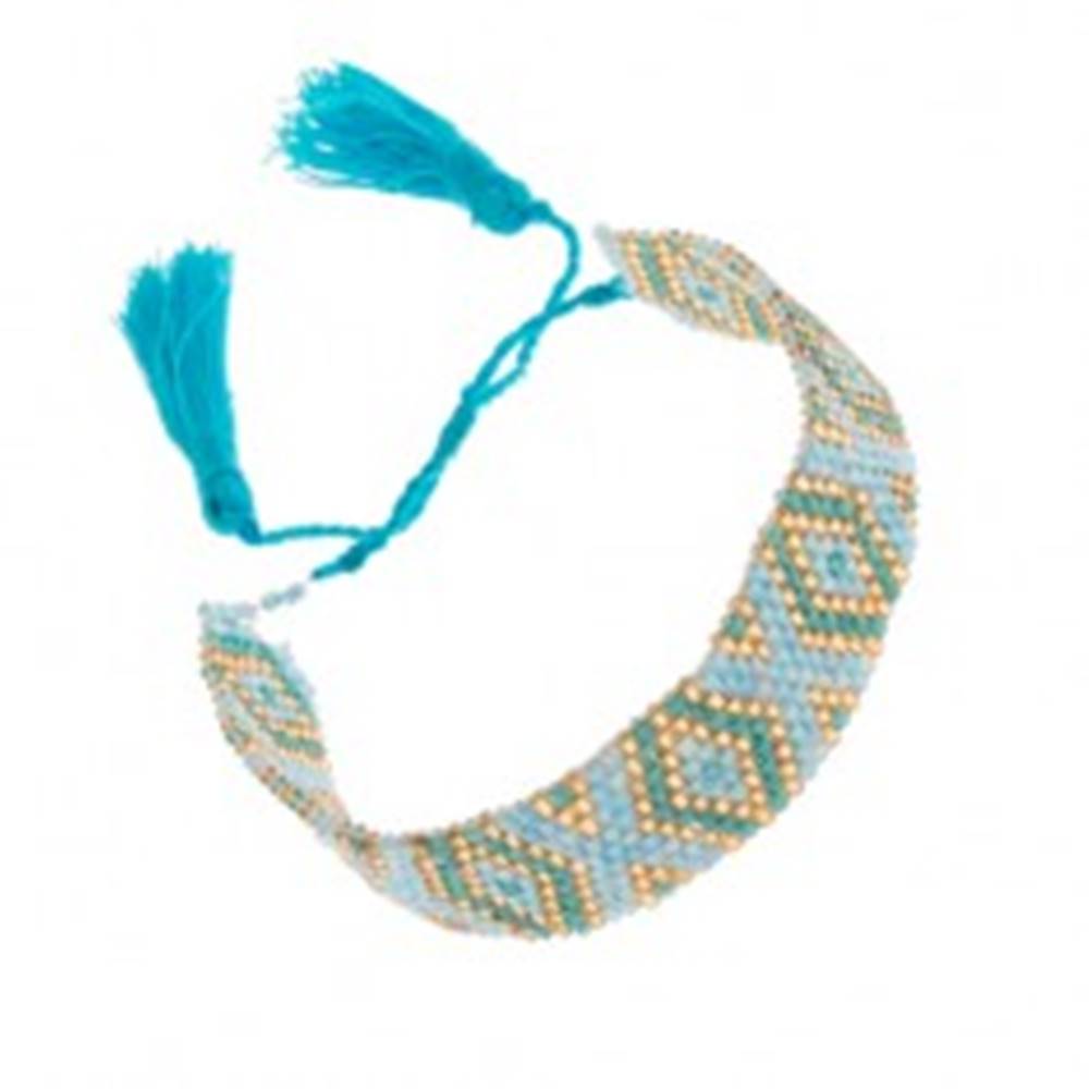 Šperky eshop Korálkový náramok s indiánskym motívom, modrá, tyrkysová a zlatá farba