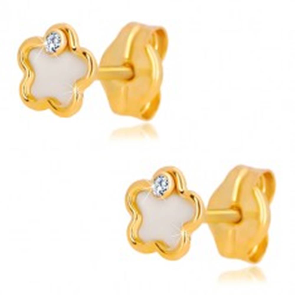Šperky eshop Náušnice zo 14K žltého zlata - kvet s prírodnou perleťou a zirkónom