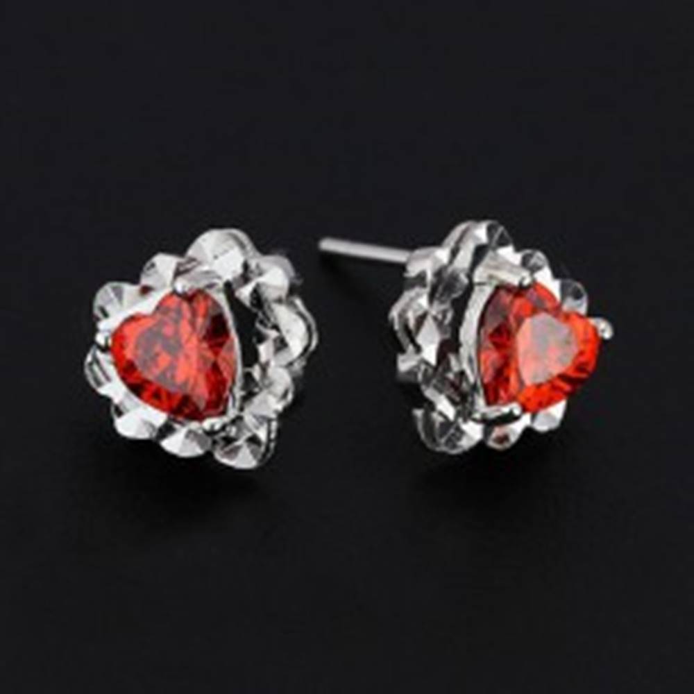 Šperky eshop Náušnice zo striebra 925 - červené zirkónové srdce, srdcový podklad