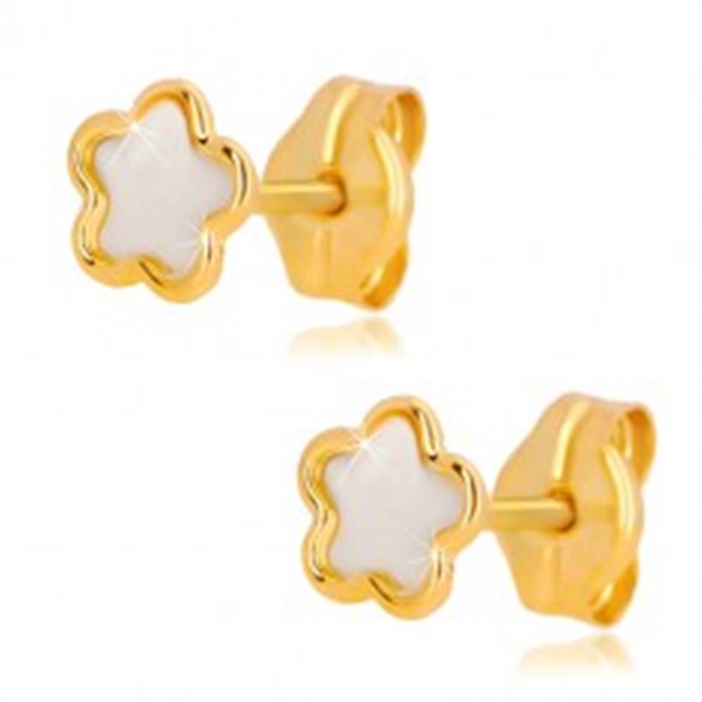 Šperky eshop Náušnice zo žltého 14K zlata - kvet s prírodnou perleťou, puzetové