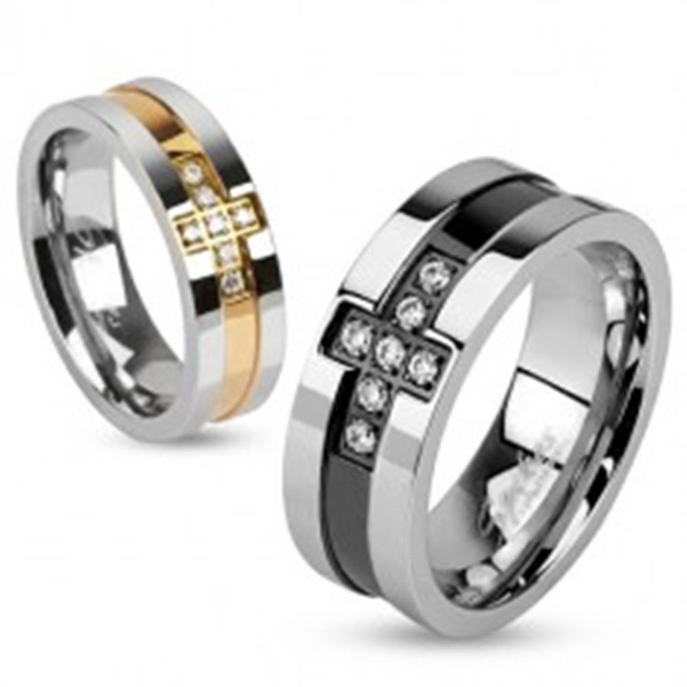 Šperky eshop Prsteň z ocele so zirkónovým krížom a pásom medenej farby, 6 mm - Veľkosť: 49 mm