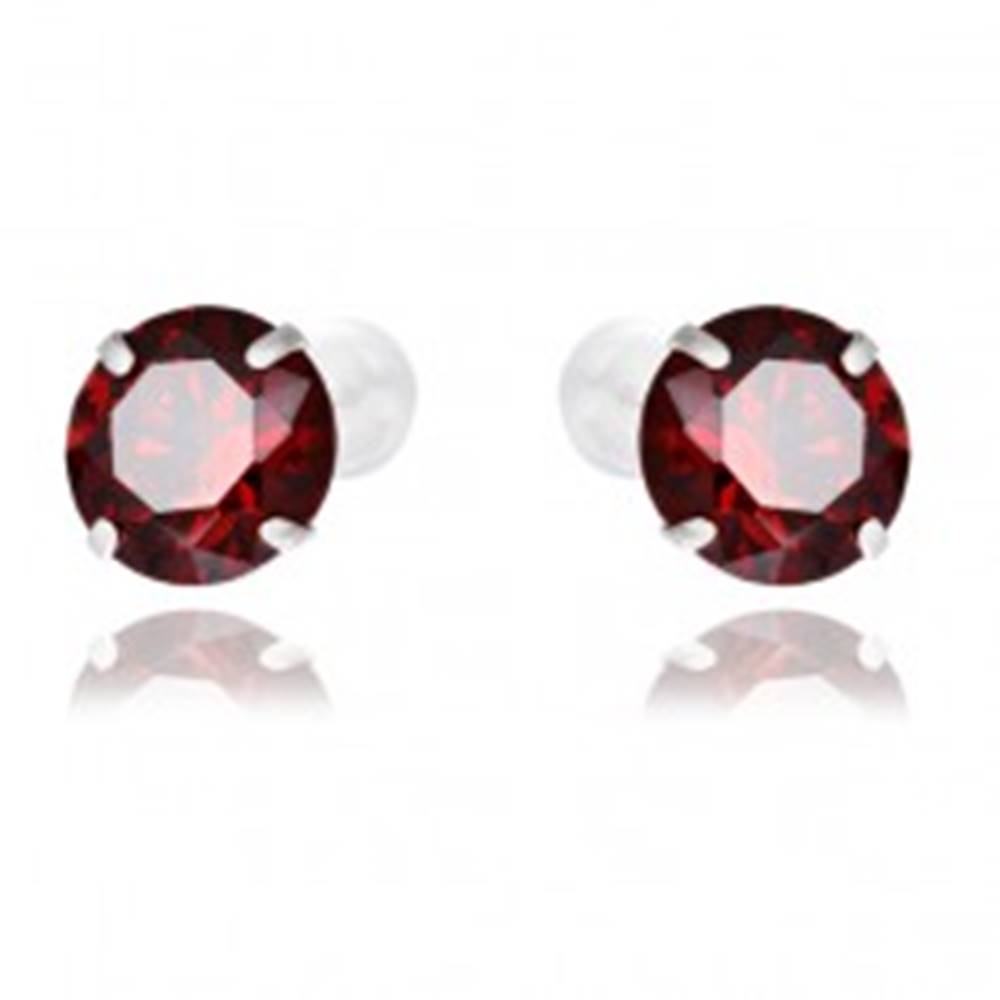 Šperky eshop Strieborné puzetové náušnice 925 - červené okrúhle zirkóny, 7 mm