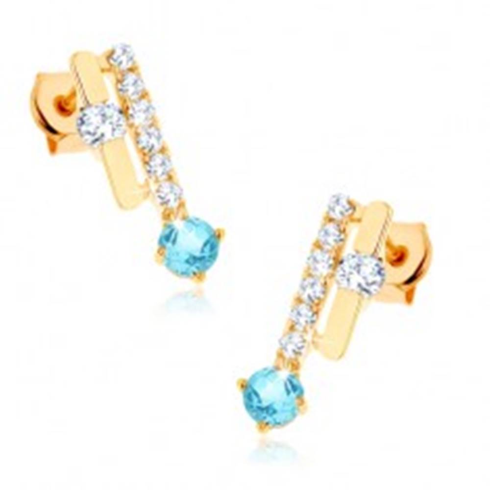 Šperky eshop Zlaté náušnice 585 - dva pásiky, ligotavý modrý topás, číre zirkóny