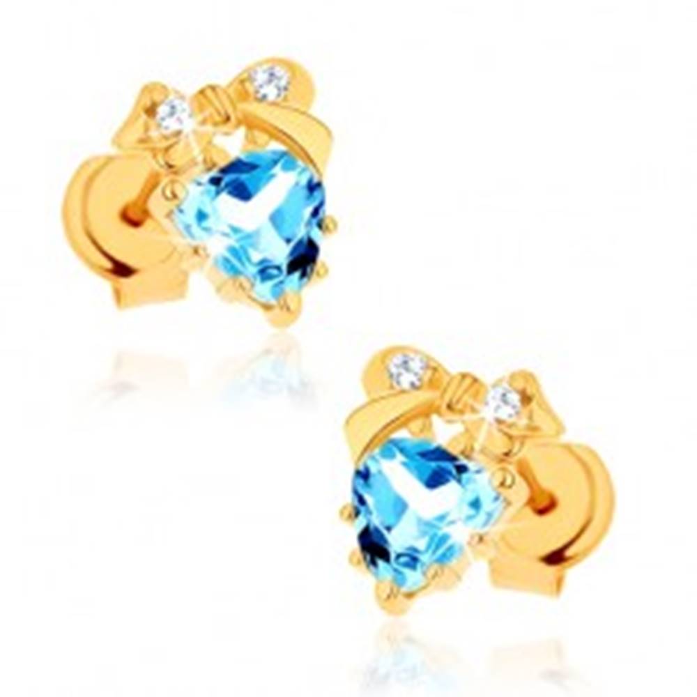 Šperky eshop Zlaté náušnice 585 - modré topásové srdiečko s mašličkou