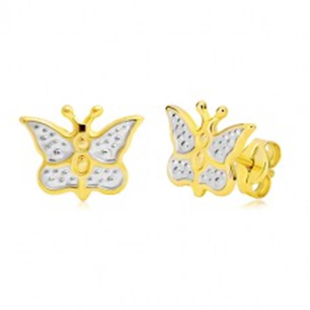Šperky eshop Zlaté náušnice 585 - motýlik zdobený bielym zlatom a bodkami