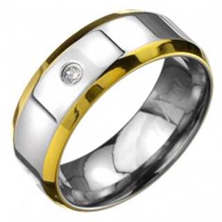 Prsteň z titánu - obrúčka striebornej farby s okrajmi zlatej farby a zirkónom - Veľkosť: 57 mm