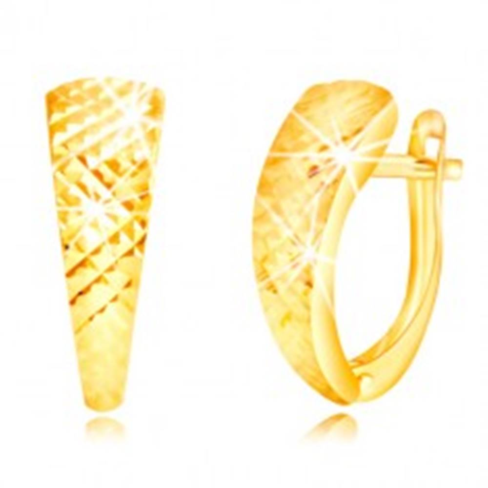 Šperky eshop Náušnice v žltom zlate 585 - lesklý nesúmerný oblúk, drobné ihlany