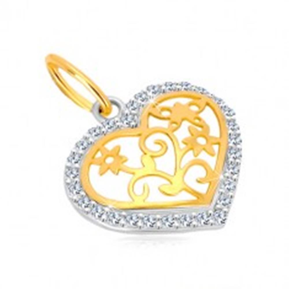 Šperky eshop Prívesok v 14K zlate - kontúra srdca so zirkónmi, ozdobne vyrezávaný stred