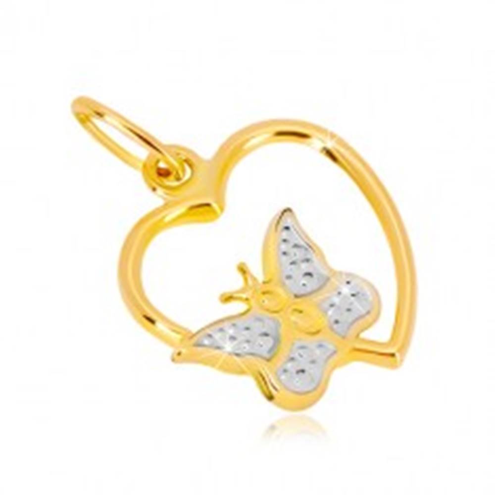 Šperky eshop Prívesok v kombinovanom 14K zlate - lesklý obrys srdca, motýlik