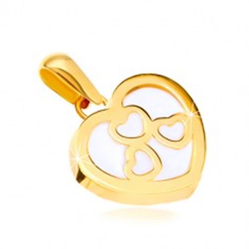 Šperky eshop Prívesok v žltom zlate 585 - lesklý obrys srdca s perleťou, tri srdiečka