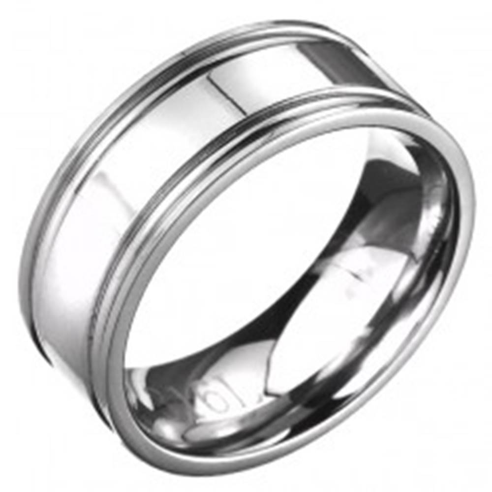 Šperky eshop Prsteň z ocele - obrúčka striebornej farby s dvojitým vrúbkovaním  - Veľkosť: 57 mm