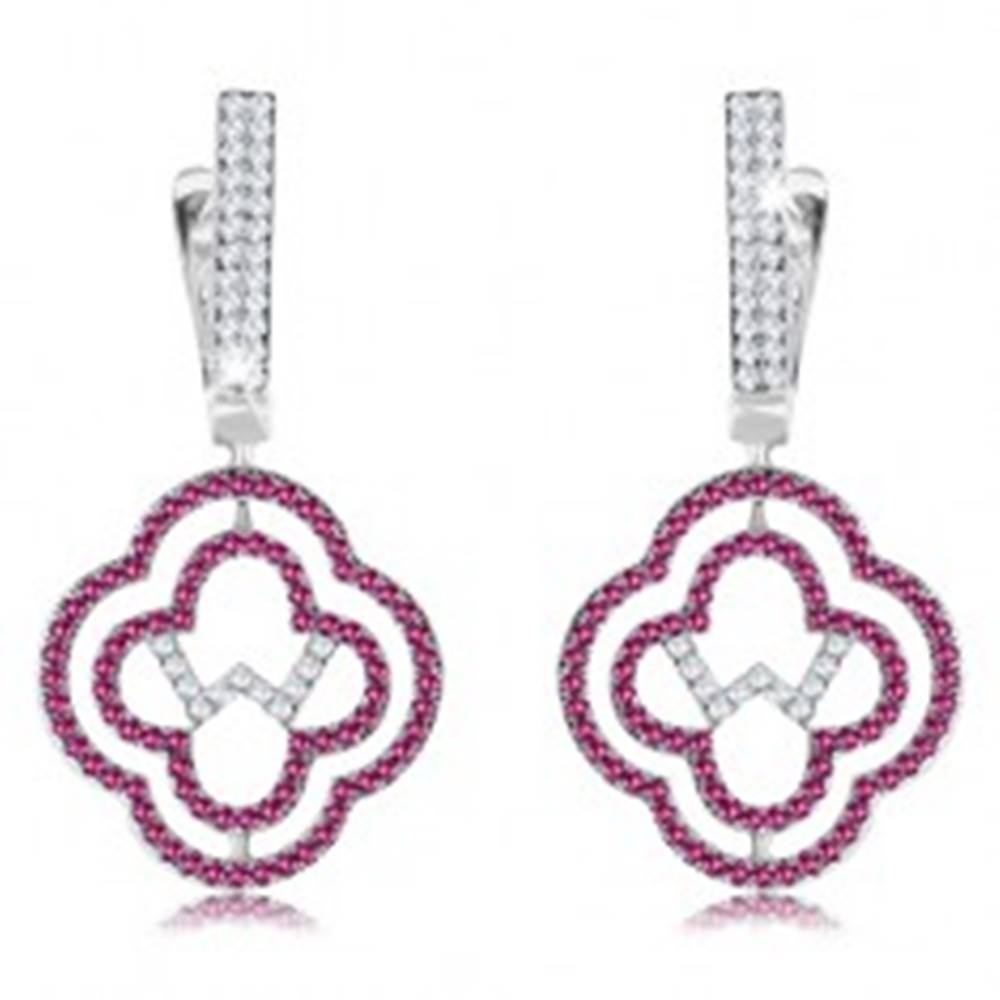 Šperky eshop Strieborné 925 náušnice, dvojitá kontúra kvetu, ružové a číre zirkóny