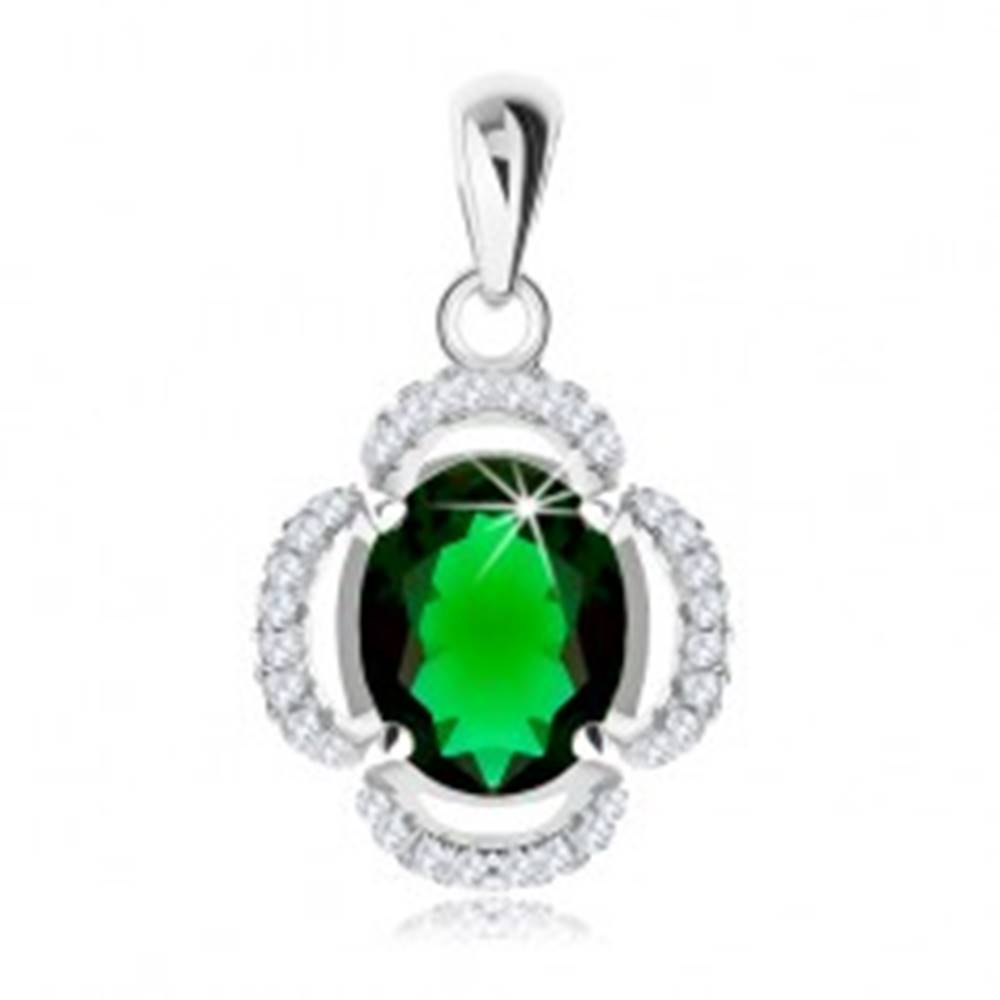 Šperky eshop Strieborný prívesok 925, kvet - oválny zelený zirkón, číre obrysy lupeňov