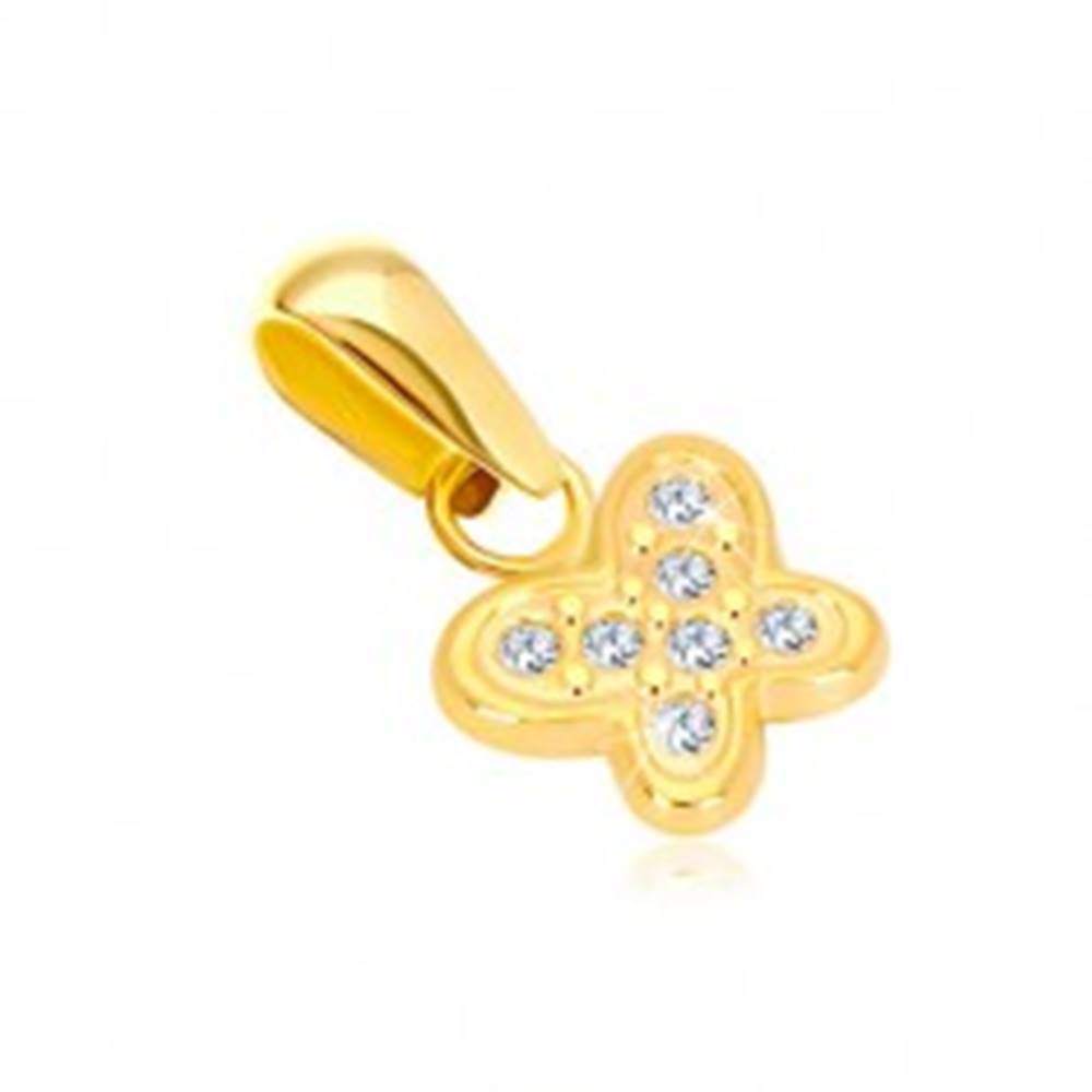 Šperky eshop Zlatý 14K prívesok - lesklý motýlik vykladaný drobnými čírymi zirkónikmi