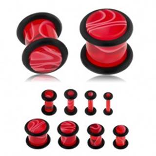 Akrylový plug do ucha, červená farba, mramorový vzor, čierne gumičky - Hrúbka: 10 mm